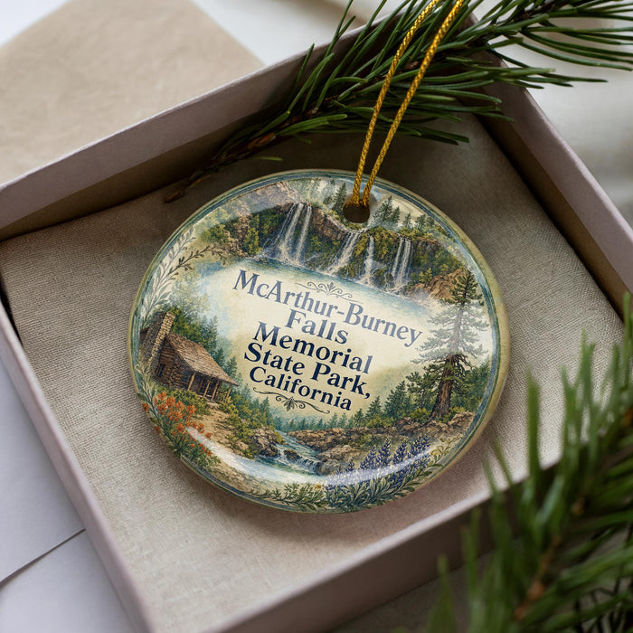 A decorative ornament with a scenic landscape featuring mountains, waterfalls, and a cabin, hanging from a string.