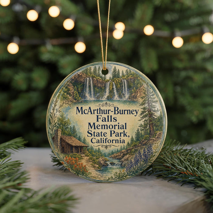 A round ornament with a scenic illustration of a waterfall and forest, hanging from a string.