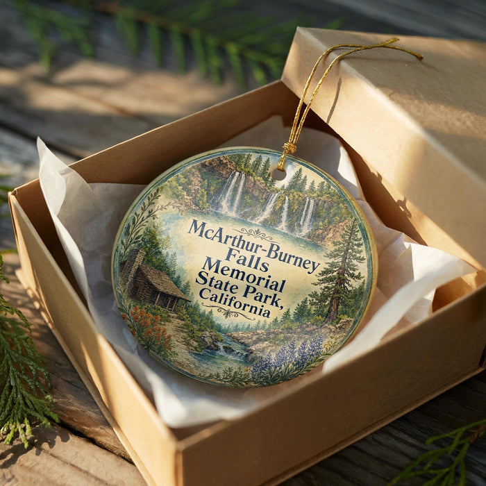A decorative ornament in a wooden box, featuring a scenic landscape with a waterfall and a cabin, with the text "McArthur-Burney Memorial State Park, California" printed on it.