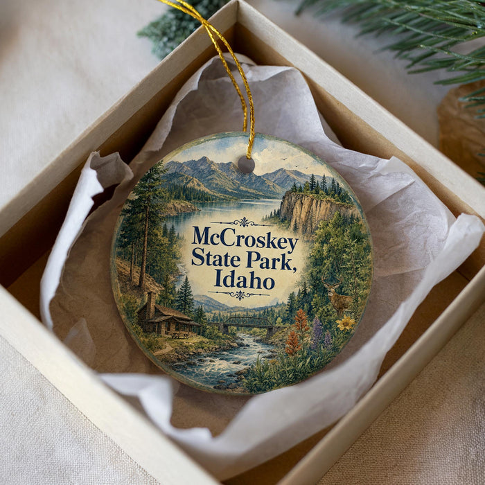 A decorative ornament in a box, featuring a scenic landscape with mountains, a river, and a cabin.