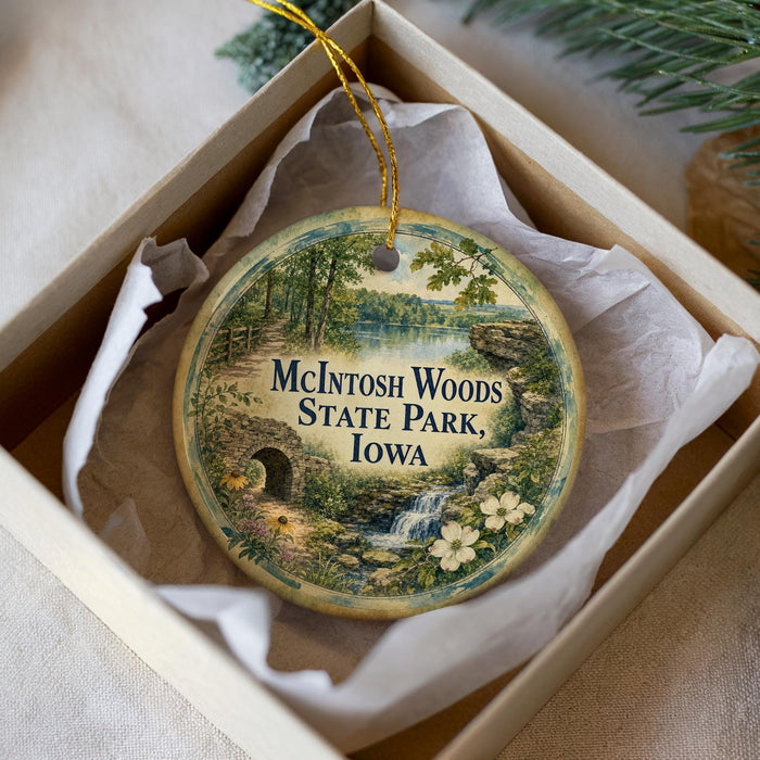 A decorative ornament in a box, featuring a scenic landscape with a lake, trees, and a waterfall.