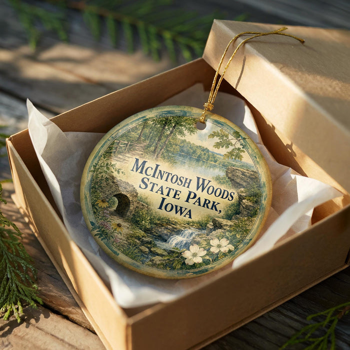 A decorative ornament in a wooden box, featuring a scenic landscape with a waterfall and flowers, with the text "McIntosh Woods State Park, Iowa" printed on it.