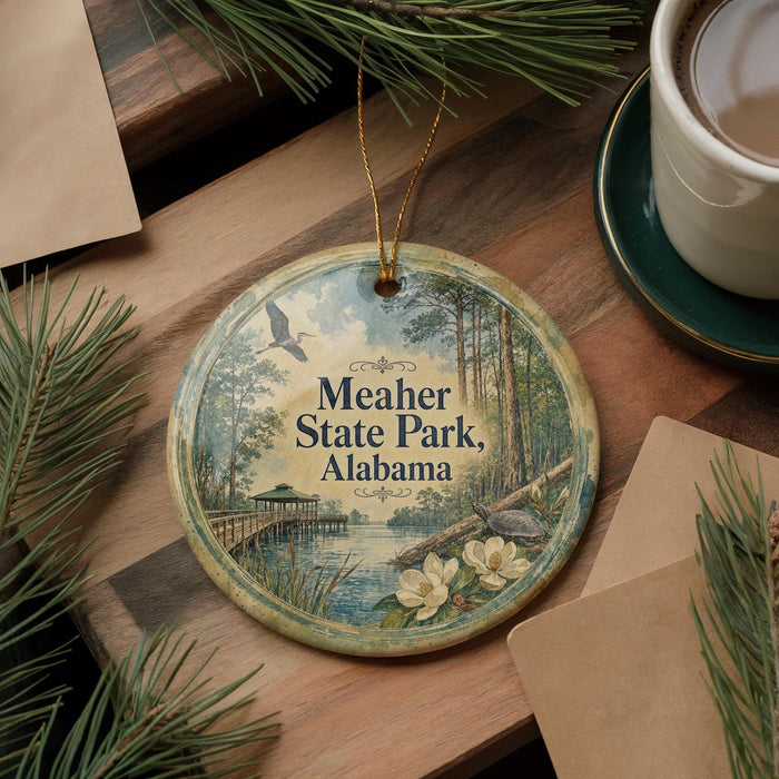 A round ornament with a scenic image of Meacher State Park, Alabama, hangs on a wooden surface, accompanied by pine branches and a cup of coffee.