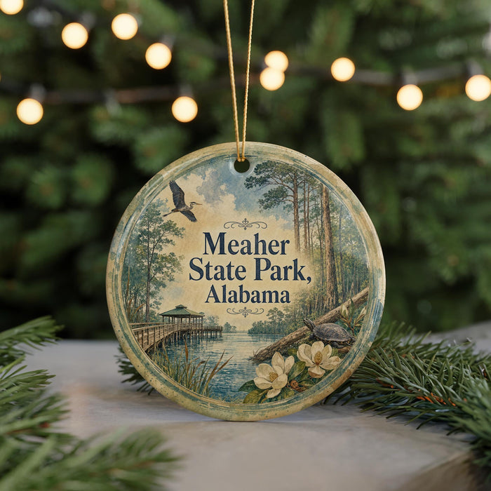 A circular ornament with a scenic image of a park, featuring a bird, a bridge, and flowers, is displayed in front of a blurred background of Christmas lights.