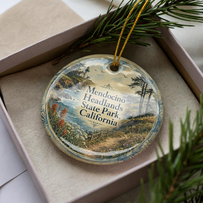 A decorative ornament with a scenic landscape of Mendocino Headlands, California, featuring a coastal scene with a lighthouse, pine trees, and a body of water.
