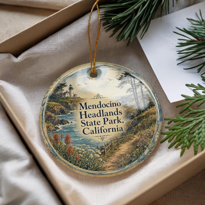 A decorative ornament with a scenic landscape of Mendocino Headlands State Park, California, featuring a lighthouse and a path leading through the grassy area.