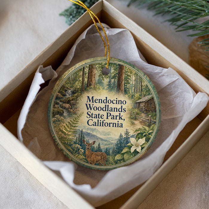 A round ornament with a forest scene and a deer, placed in a box with a white tissue paper lining.