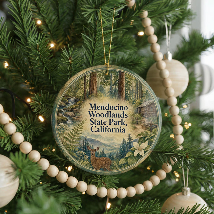 A round ornament hanging on a Christmas tree, featuring a forest scene with a deer and a cabin.