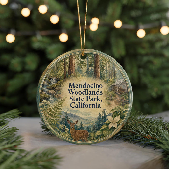 A circular ornament featuring a deer and a forest scene, with the text "Mendocino Woodlands State Park, California" displayed prominently.