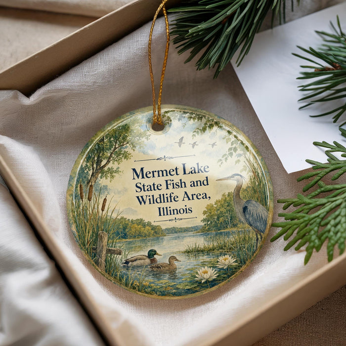 A decorative ornament with a lake scene and ducks, hanging from a string.