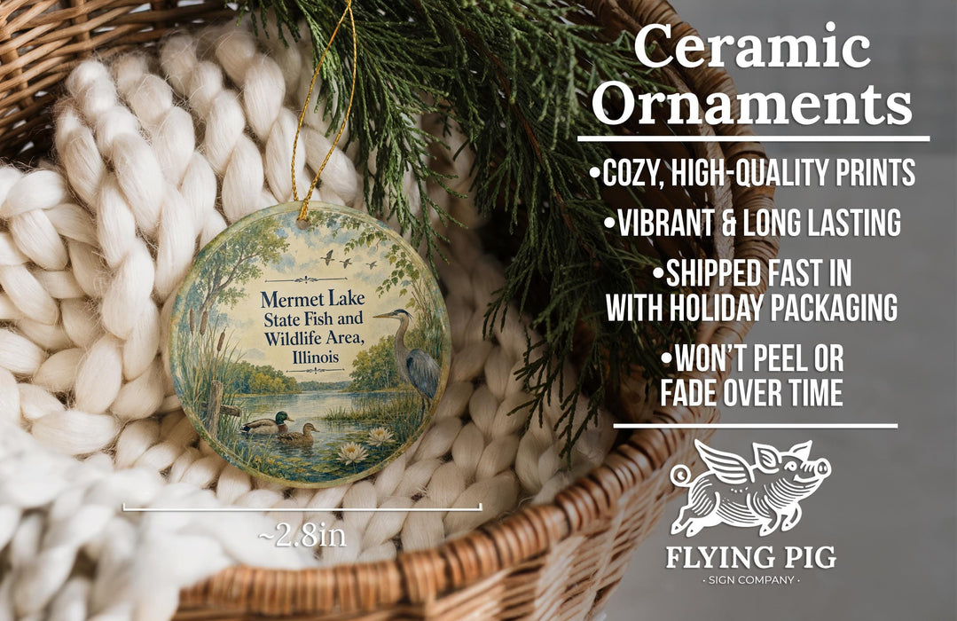 Ceramic ornaments, featuring a nature scene with ducks and a lake, are displayed in a woven basket.