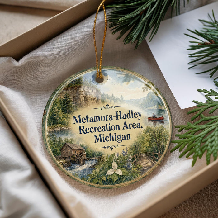 A decorative ornament with a scenic landscape of a river, a cabin, and a boat, along with the text "Metamor-Hadley Recreation Area, Michigan".