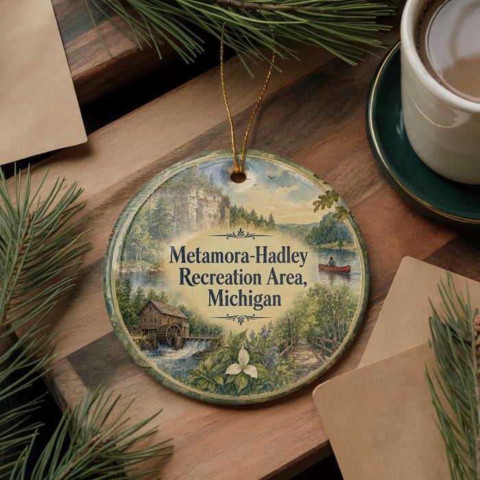 A decorative ornament with a scenic image of a river, cabin, and mountains, along with the text "Metamora-Hadley Recreation Area, Michigan".