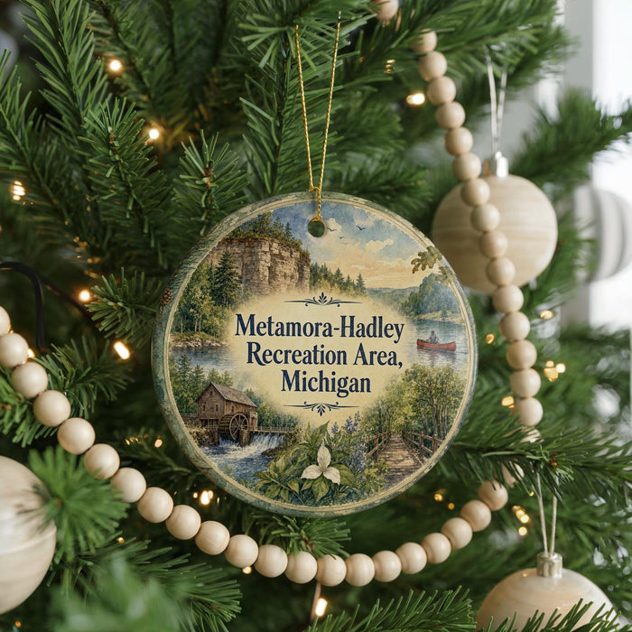 A circular ornament hanging on a Christmas tree, featuring a scenic landscape with a river, a cabin, and a waterfall.