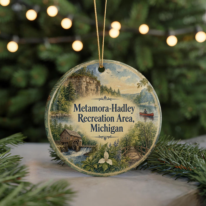 A round ornament with a scenic landscape featuring a river, a cabin, and a boat, along with the text "Metamora-Hadley Recreation Area, Michigan".