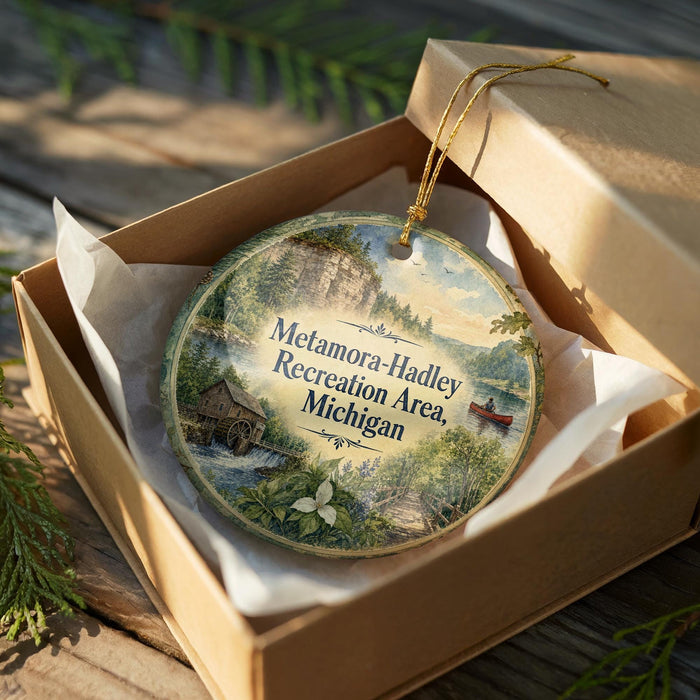 A round ornament in a box, featuring a scenic landscape with a river, trees, and a cabin, along with the text "Metamora-Hadley Recreation Area, Michigan".