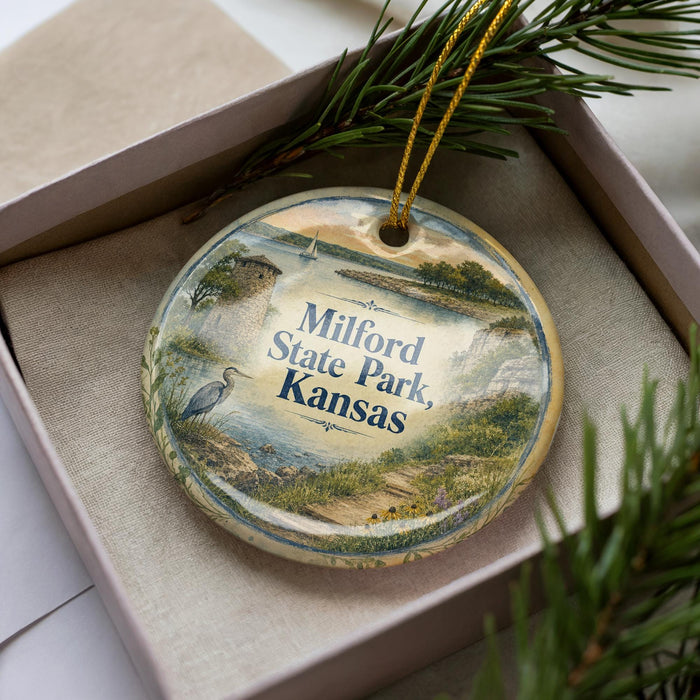 A decorative ornament in a box, featuring a scenic landscape with a lake, mountains, and a bird, along with the text "Milford State Park, Kansas".