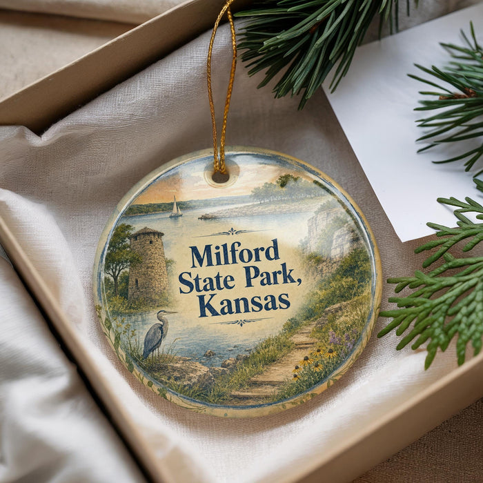 A decorative ornament with a scenic landscape of Milford State Park, Kansas, featuring a bird, a castle, and a body of water.