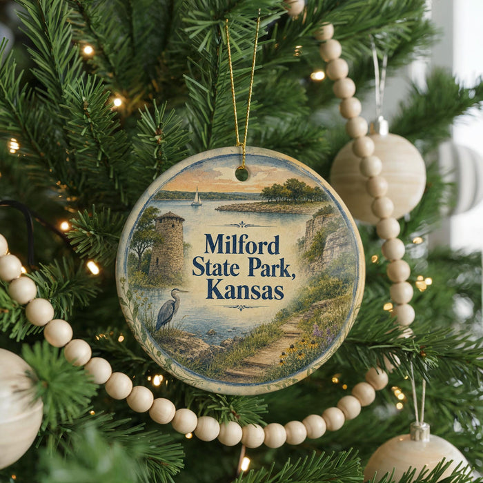 A round ornament hanging on a Christmas tree, featuring a scenic image of Milford State Park in Kansas.