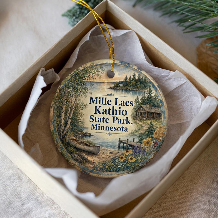 A decorative ornament in a box, featuring a scenic landscape with a lake, trees, and a cabin.