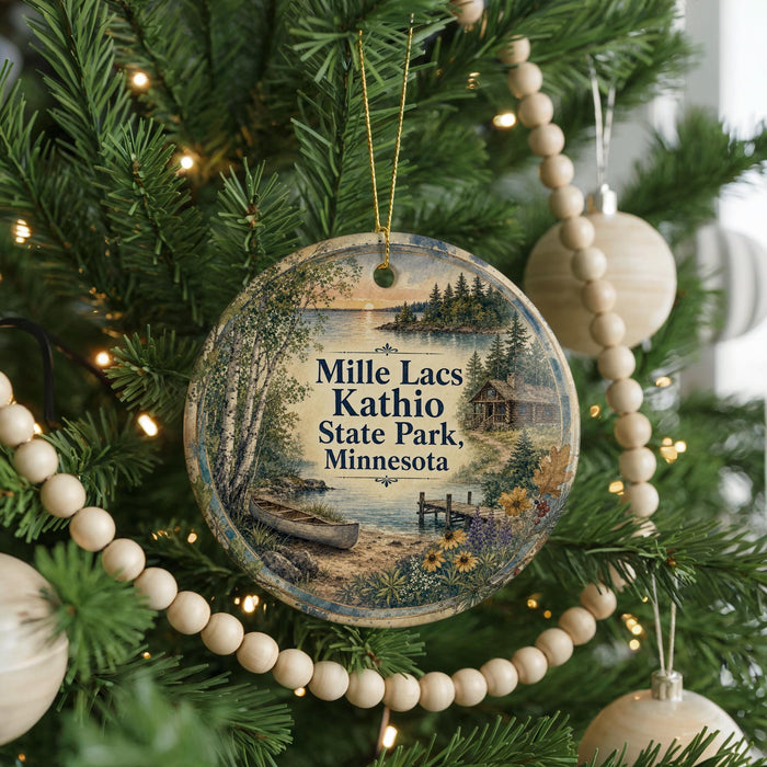 A round ornament hanging on a Christmas tree, featuring a scenic landscape with a lake, trees, and a cabin.