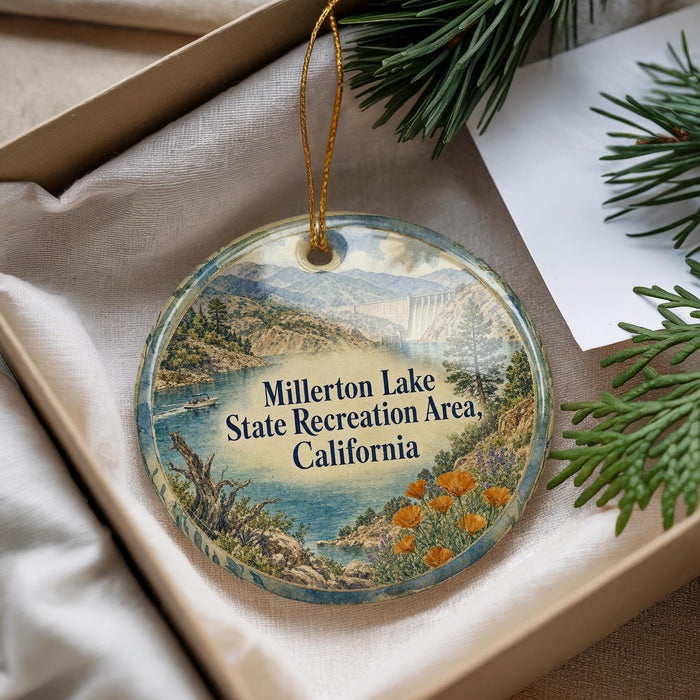 A decorative ornament with a scenic landscape of Millerton Lake, California, featuring a lake, mountains, and greenery.