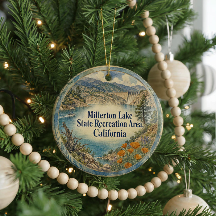 A round ornament hanging on a Christmas tree, featuring a scenic landscape of Millerton Lake and the State Recreation Area in California.