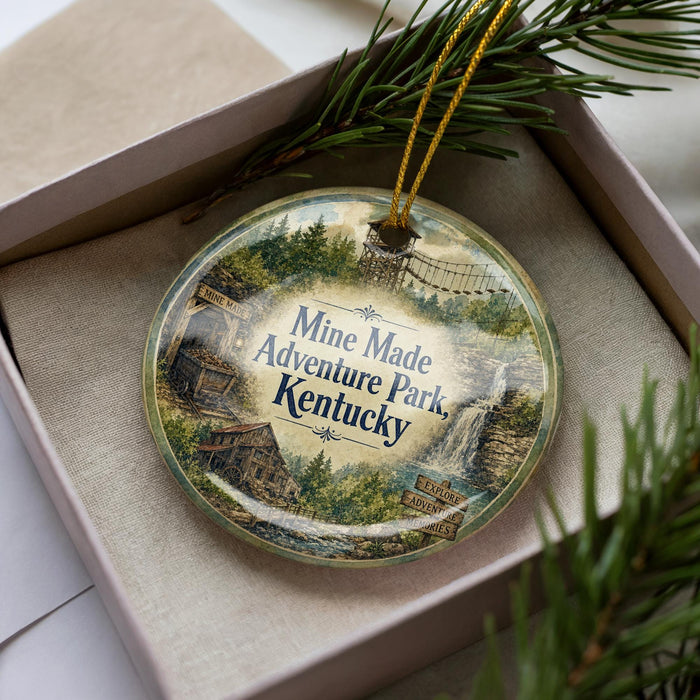 A decorative ornament with a scenic image of a forest and a waterfall, along with the text " Mine Made Adventure Park, Kentucky" on it, is displayed in a box.