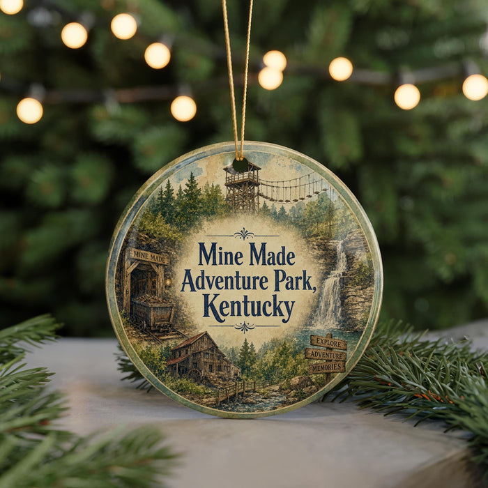 A round ornament with a picture of a mountain and a sign that says " Mine Made Adventure Park, Kentucky".