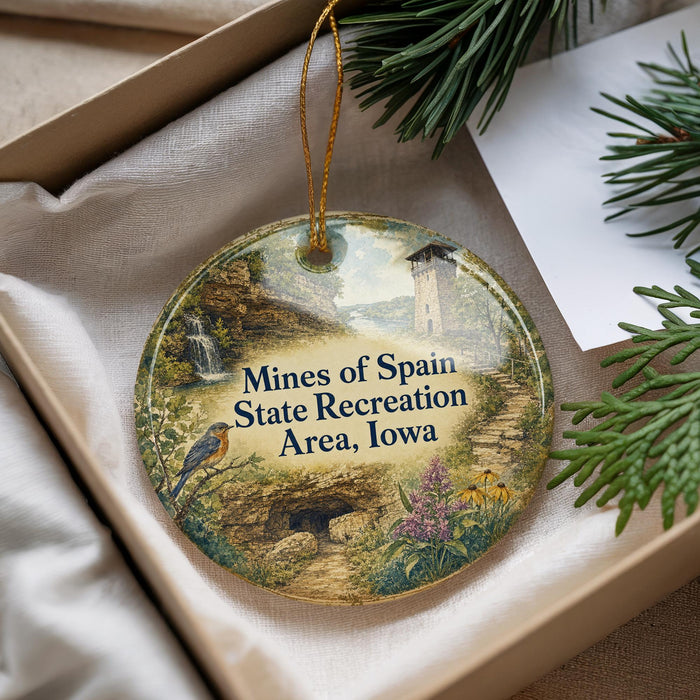 A decorative ornament with a scenic landscape featuring a bird, a castle, and a path, placed in a box with pine branches.
