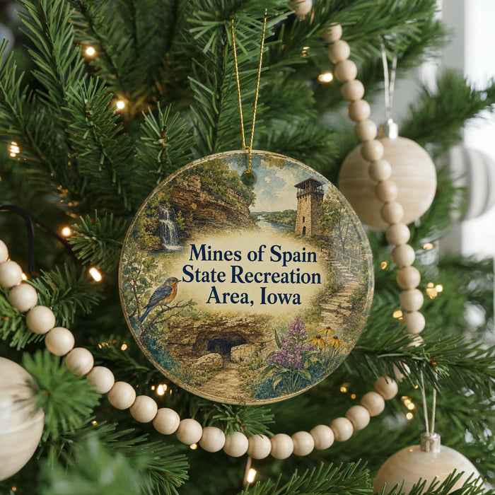 A round ornament hanging on a Christmas tree, featuring a scenic landscape with a bird, a castle, and a waterfall.