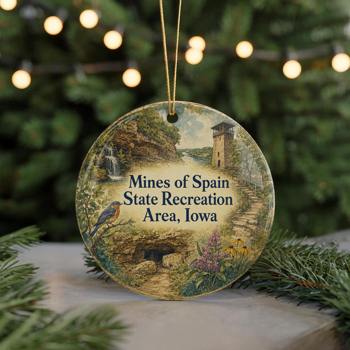 A round ornament with a scenic landscape featuring a waterfall, a castle, and a bird, hanging on a string.