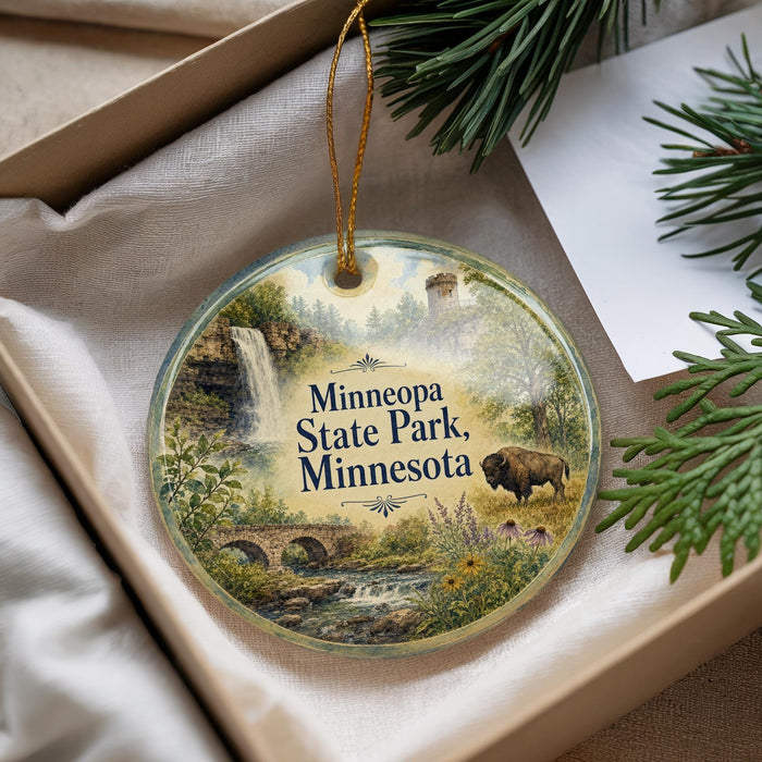 A decorative ornament with a scenic landscape of Minnesota State Park, featuring a waterfall, a bridge, and a bison in the foreground.