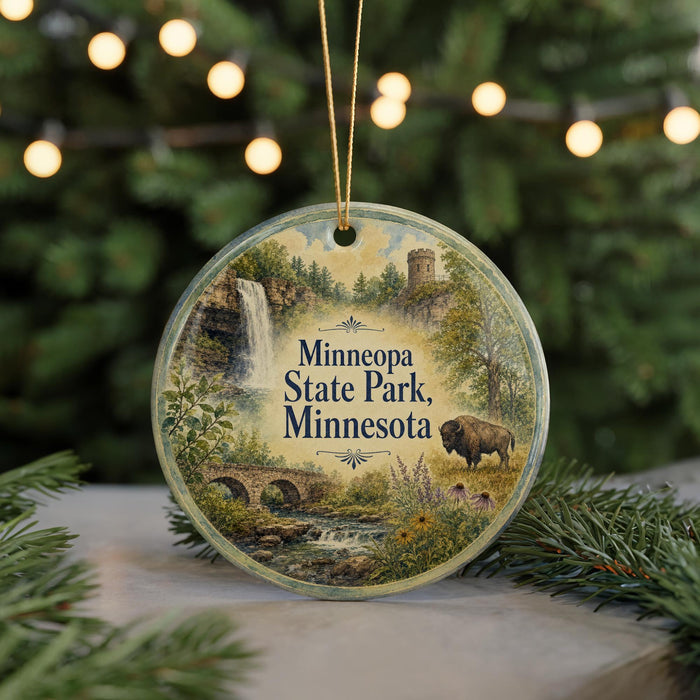 A circular ornament featuring a scenic landscape of Minnesota State Park, with a bison in the foreground and a waterfall in the background.