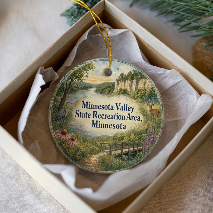 A Minnesota Valley State Recreation Area ornament is displayed in a box, featuring a scenic landscape with a river, bridge, and wildlife.