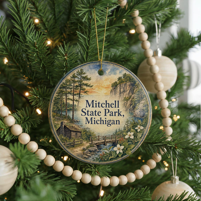 A round ornament hanging on a Christmas tree, featuring a scenic landscape with a bridge and trees.