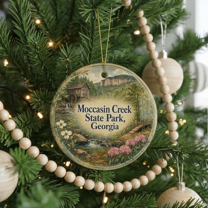 A round ornament hanging on a Christmas tree, featuring a scenic image of Moccasin Creek State Park, Georgia.