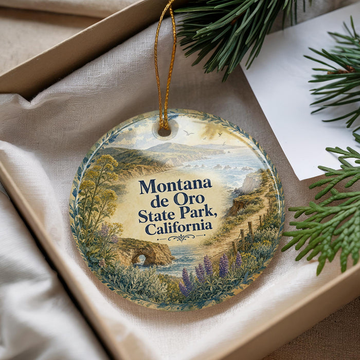 A decorative ornament with a scenic landscape of Montana de Oro State Park, California, featuring a winding path, mountains, and a body of water.