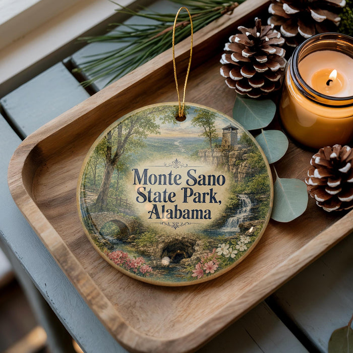 A decorative ornament featuring a scenic landscape of Monte Sano State Park, Alabama, with pine cones and a lit candle on a wooden tray.