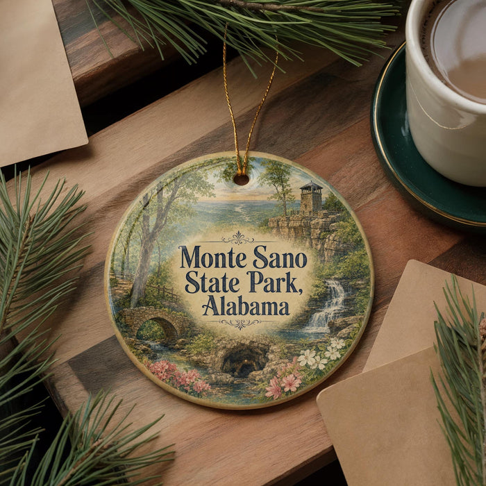 A decorative ornament featuring a scenic landscape with a waterfall, bridge, and pine trees, hanging on a wooden surface.