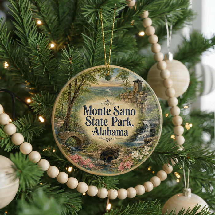 A round ornament hanging on a Christmas tree, featuring a scenic landscape with a bridge and a waterfall.