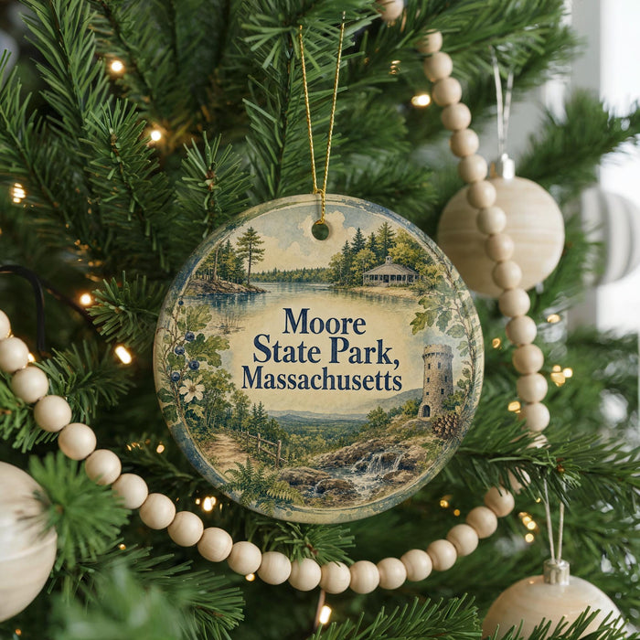 A Christmas tree decorated with ornaments, including a circular ornament with a scenic view of Moore State Park, Massachusetts.