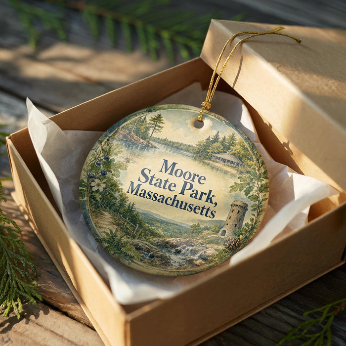 A decorative ornament in a box, featuring a scenic landscape with a castle, trees, and a body of water.