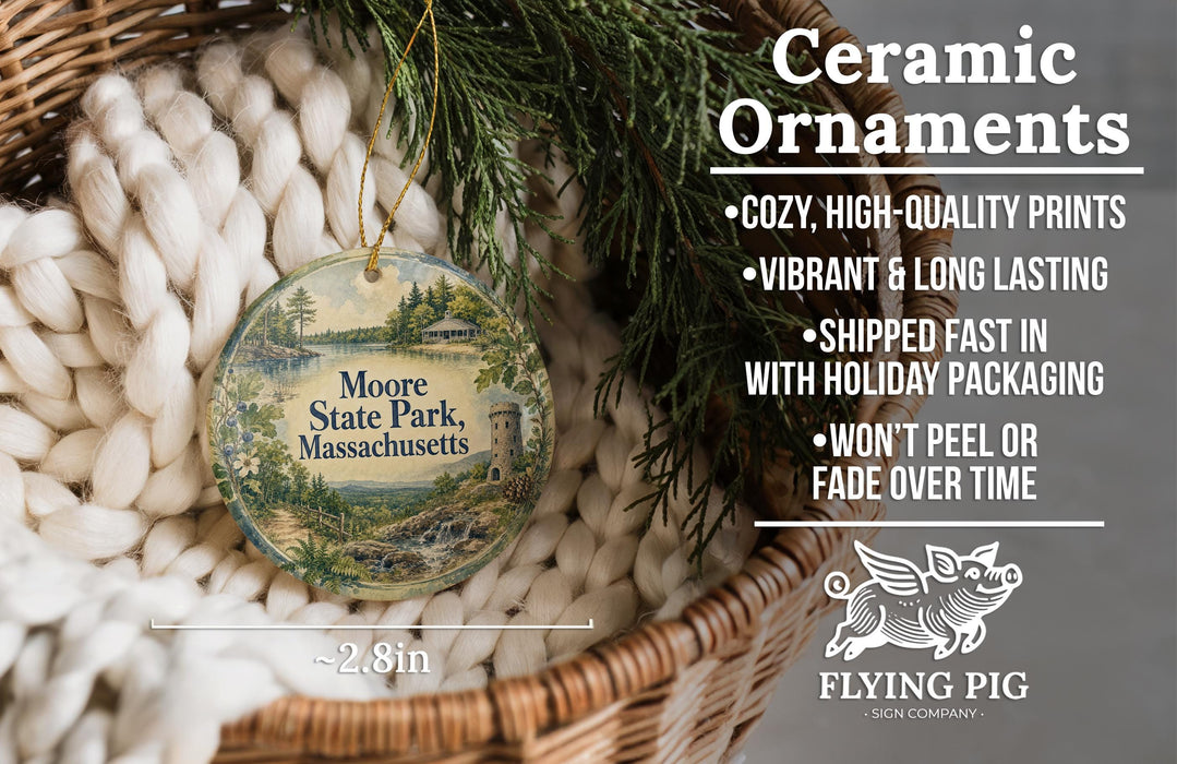 a ceramic ornament hanging from a wicker basket, with a description of the ornament and its features.