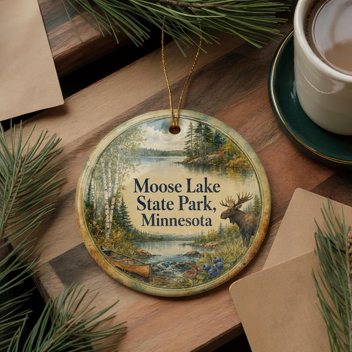 A circular ornament with a moose and a lake, surrounded by pine branches, sits on a wooden surface.