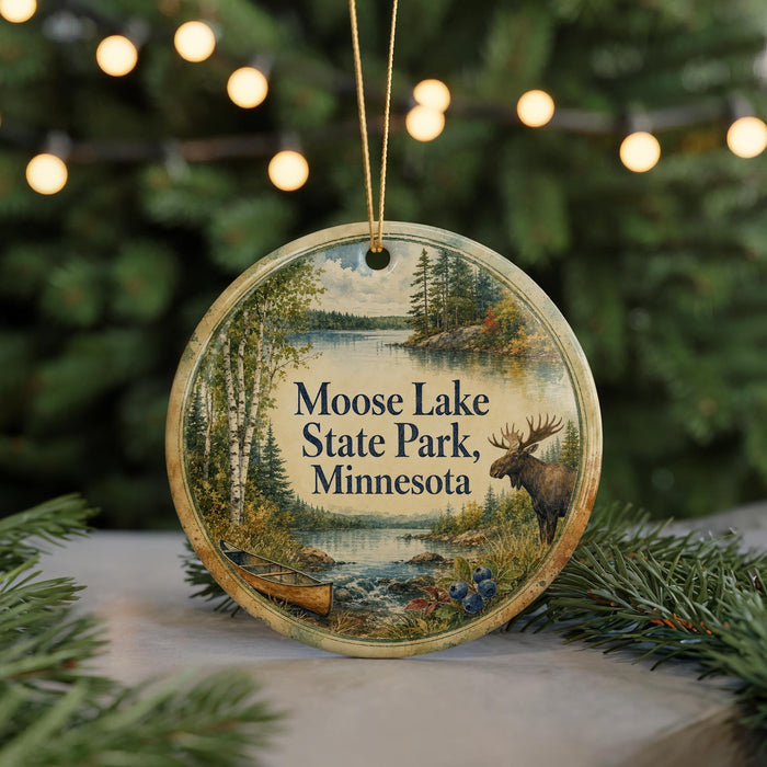 A circular ornament featuring a moose and a canoe, with the text "Moose Lake State Park, Minnesota" displayed on it.