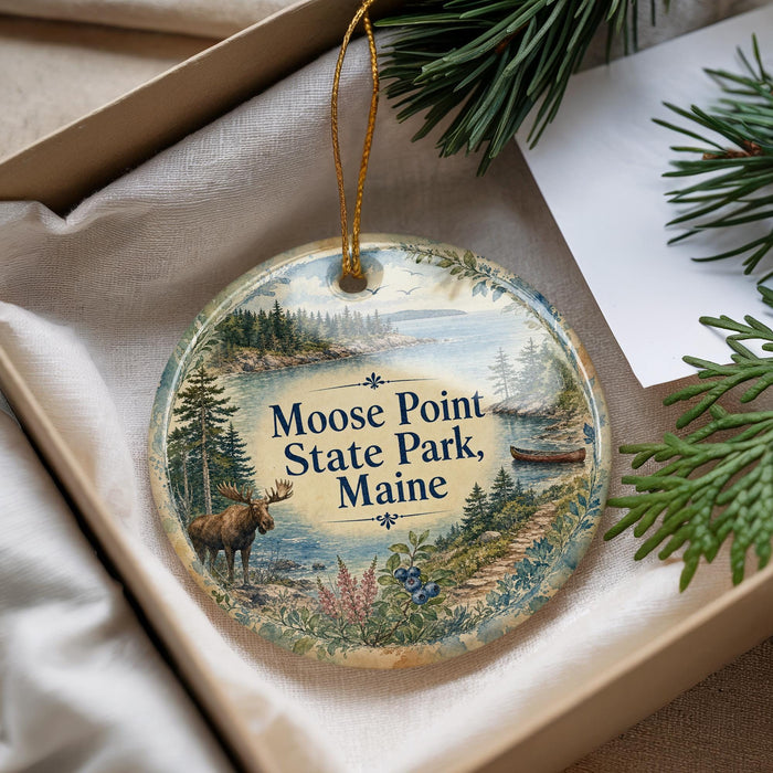 A decorative ornament with a moose and pine trees, featuring the text " Moose Point State Park, Maine" on it, placed in a box with pine branches.