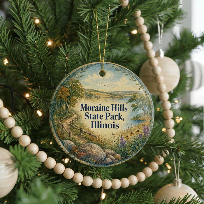 A round ornament hanging on a Christmas tree, featuring a scenic landscape with a path, trees, and a body of water.