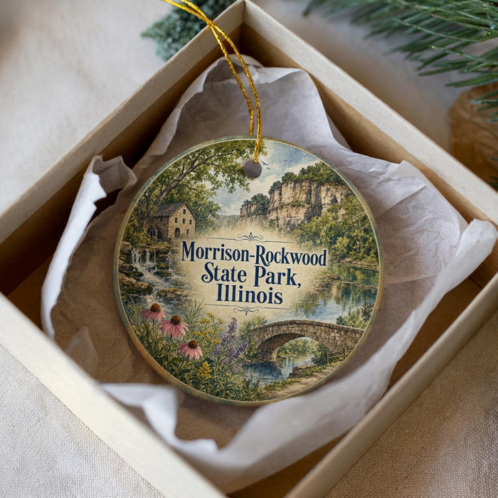A round ornament with a scenic image of a river, bridge, and surrounding landscape, along with the text "Morrison-Rockwood State Park, Illinois".
