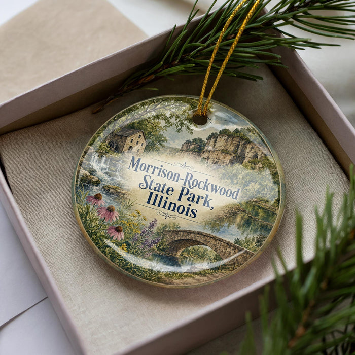 A decorative ornament featuring a scenic landscape of Morrison-Rockwood State Park, Illinois, with a bridge and water in the background.